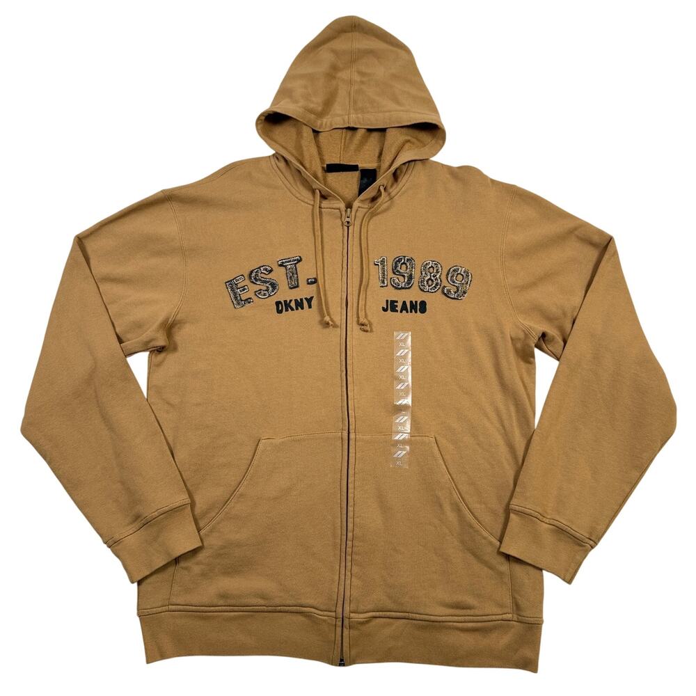 DKNY Jeans Mens XL Full Zip Hoodie Est 1989 Embroidered Tan Brown Y2K NWT